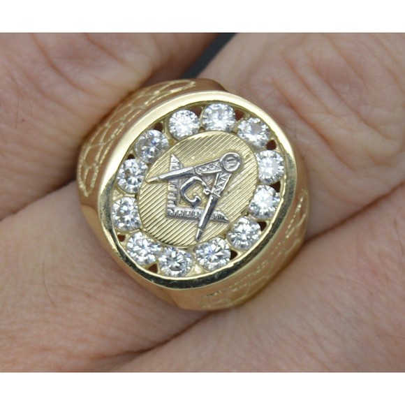 Real 10K Solid Yellow Gold 19mm CZ Master Freemason Masonic Ring 7.0gr ALL Size - Picture 3 of 6
